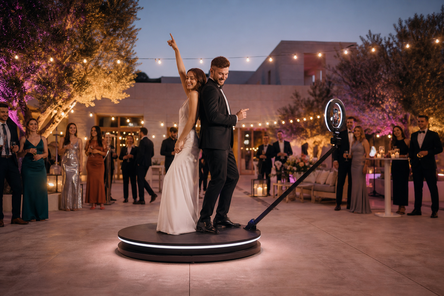 Wedding guests posing on an open-air 360 video booth platform