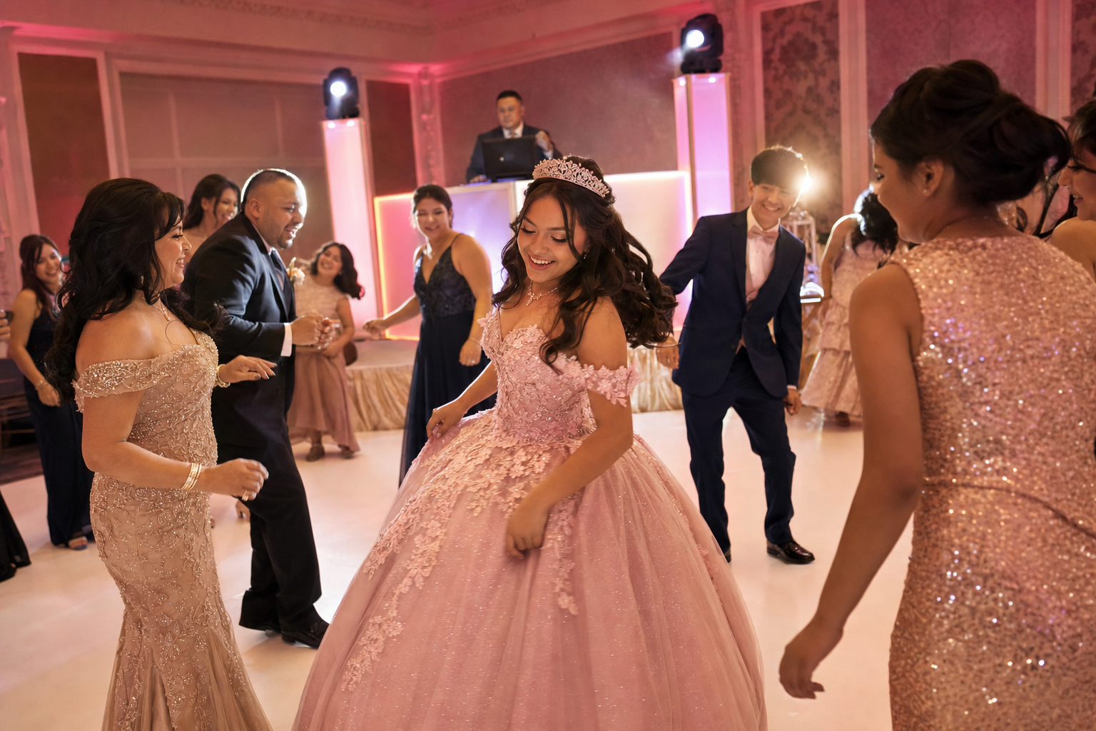 Family and friends dancing at an elegant quinceañera or Sweet 16 celebration